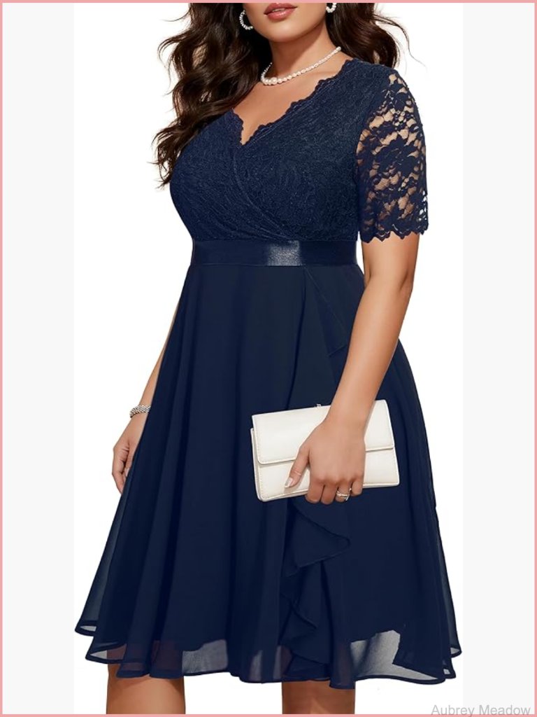 Plus Size Formal Cocktail Wedding Guest Dress Midi Lace Chiffon V Neck Ruffle